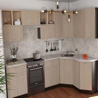 Кухонный гарнитур Надежда оптима 5 2700*1600, цвет Дуб сонома/Карамель, ширина 270*160 см, угловой, со столешницей, модульный, открытые и закрытые модули, с выдвижными ящиками