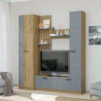 Cтенка в гостиную "Юджи", Цвет Дуб Крафт Золотой / Графит, ширина 230 см, под телевизор, со шкафом, напольная, с полками
