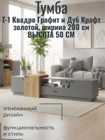 Тумба Т-1 Квадро Графит и Дуб Крафт золотой, ширина 200 см, тумба под телевизор, консоль, в гостиную