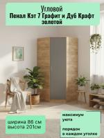 Пенал угловой Кэт 7 Графит и Дуб Крафт золотой, ширина 86 см, угловой шкаф, со штангой, с полками в спальню, в прихожую