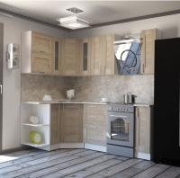 Кухонный гарнитур Лира оптима 1500*1800 мм угловая ширина 150*180см цвет Квадро шимо светлый/малага/белый с открытым шкафом, выдвижными ящиками, с витринами, подъемными дверками