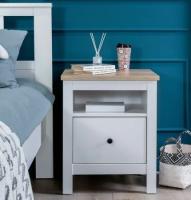 Тумба прикроватная САГА, с доводчиками, ширина 51 см, Белая/ясень с ящиком и полкой, на ножках