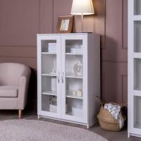 Тумба Сириус, 2 двери со стеклом, 78х41х123 см, белая, ширина 78 см с полками, высокая двухдверная для хранения вещей, витрина в гостиную или прихожую