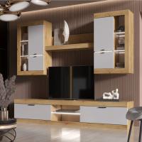 Тумба ТВ большая "ПРАГА", Дуб Вотан / Белый, ширина 252.2 см, высота 46 см, для гостиной, зала или спальни, напольная, с полками