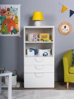 Стеллаж Пикси, с тремя выдвижными ящиками 60x57x120, белый (робкий подснежник), с полками и ящиками, напольный для детской спальни ширина 60 см