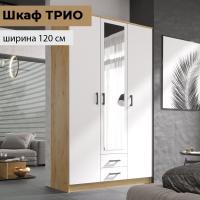 Шкаф распашной "ТРИО" Дуб вотан Белый гладкий, с зеркалом, для одежды, трехдверный