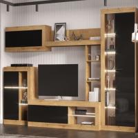 Модульная гостиная "ПРАГА", комплект 1, Дуб Вотан / Черный глянец, ширина 285.2 см, стенка с полками, тумба для TV