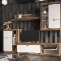 Модульная гостиная "ПРАГА", комплект 5, Дуб Делано / Белый, ширина 218.6 см, стенка с полками, тумба для TV