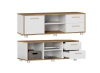 Тумба под ТВ 303, МС СВЕН, ширина 120 см, дуб крафт золотой и белый гладкий, с полками и выдвижными ящиками, напольная на ножках