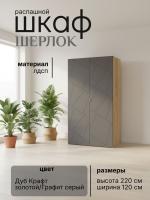 Шкаф 2-х створчатый распашной "ШЕРЛОК" цвет Дуб Крафт золотой/Графит серый ширина 120 см ЛДСП с полками и штангой для спальни и детской