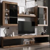 Модульная гостиная "ПРАГА", комплект 2, Дуб Делано / Черный глянец, ширина 252 см, стенка в гостиную, тумба для TV