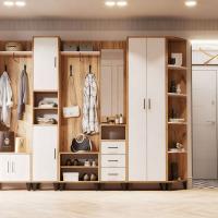 Прихожая модульная Белла цвет Крафт Золотой и Белый ширина 336 см с зеркалом, вешалкой и открытыми полками со шкафом