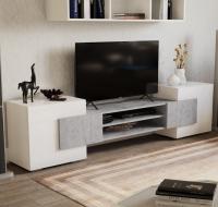 Тумба ТВ 03 Белый глянец/Цемент Светлый ширина 202 см с полками, дверками