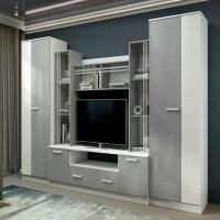 Гостиная "Николь - 2" Белый Шагрень, Бетонный Камень, ширина 320 см, с шкафами, с тумбой под тв, с ящиками,