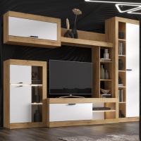 Модульная гостиная "ПРАГА", комплект 1, Дуб Вотан / Белый, ширина 285.2 см, стенка с полками, тумба для TV