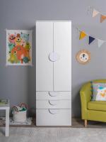 Шкаф распашной Пикси, с двумя дверьми, тремя ящиками и полкой 60x57x180, белый (робкий подснежник)), ширина 60 см, для детской комнаты со штангой и ящиками, двухстворчатый