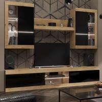 Тумба ТВ большая "ПРАГА", Дуб Вотан / Черный глянец, ширина 252.2 см, высота 46 см, для гостиной, зала или спальни, напольная, с полками