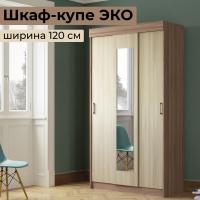 Шкаф-купе ЭКО ширина 120 см Ясень шимо тёмный / Ясень шимо светлый с зеркалом и штангой в прихожую для одежды и в спальню платяной большой высота 220