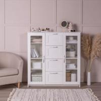 Тумба Сириус, 2 двери со стеклом и 4 ящика, 117х41х123 см, белая, ширина 117 см с полками и выдвижными ящиками, для хранения вещей дома, стеклянные дверцы