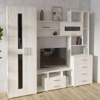 Гостиная ЕВРОПА-1 Дуб Крафт Белый, ширина 280 см, с полками и ящиками, с тумбой под тв, для зала