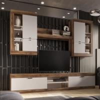 Тумба ТВ большая "ПРАГА", Дуб Делано / Белый, ширина 252.2 см, высота 46 см, для гостиной, зала или спальни, напольная, с полками