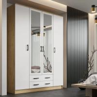 Шкаф распашной "Квадро" Дуб Вотан / Белый гладкий, с зеркалом для одежды, 4-створчатый, ширина 160 см, высота 220 см, четырехстворчатый