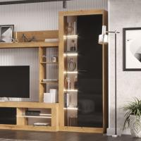 Шкаф-витрина "ПРАГА", Дуб Вотан / Черный глянец, ширина 66.6 см, высота 194 см, в зал, в гостиную, модульная мебель