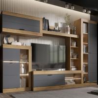Модульная гостиная "ПРАГА", комплект 1, Дуб Вотан / Графит, ширина 285.2 см, стенка с полками, тумба для TV