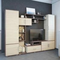 Cтенка в гостиную "Пекин" Ясень шимо темный / светлый, под телевизор со шкафом для одежды, напольная, горка в гостиную, в зал, тв зона, ширина 261 см