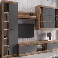 Модульная гостиная "ПРАГА", комплект 3, Дуб Делано / Графит, ширина 318.8 см, стенка с полками, тумба для TV