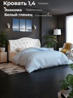 Кровать 1,4 арт.002 Модерн Экокожа Белый глянец и Бодега белая, ширина 140 см, мягкое изголовье, двуспальная кровать, мебель в спальню