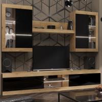 Модульная гостиная "ПРАГА", комплект 2, Дуб Вотан / Черный глянец, ширина 252 см, стенка в гостиную, тумба для TV