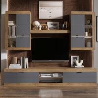 Тумба ТВ большая "ПРАГА", Дуб Вотан / Графит, ширина 252.2 см, высота 46 см, для гостиной, зала или спальни, напольная, с полками