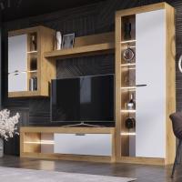 Модульная гостиная "ПРАГА", комплект 4, Дуб Вотан / Белый, ширина 252.2 см, стенка с полками, тумба для TV