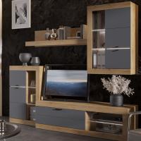 Модульная гостиная "ПРАГА", комплект 5, Дуб Вотан / Графит, ширина 218.6 см, стенка с полками, тумба для TV
