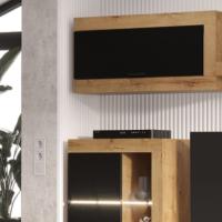 Шкаф навесной "ПРАГА", Дуб Вотан / Черный глянец, ширина 90.5 см, высота 44.2 см, в гостиную, зал и спальню, на стену для книг