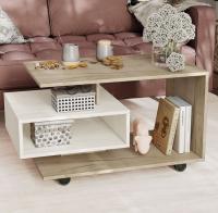 Журнальный столик ЖС-04 цвет Дуб Крафт Серый/Дуб Крафт Белый ширина 90си на колесиках, фигурный