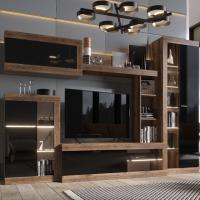 Модульная гостиная "ПРАГА", комплект 1, Дуб Делано / Черный глянец, ширина 285.2 см, стенка с полками, тумба для TV