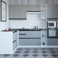 Кухонный гарнитур Сюита мега прайм 1500*2700мм угловая ширина 150*270см цвет Бетон светлый/Бетон светлый/Кастилло темный с ящиками, открытыми полками, пеналом