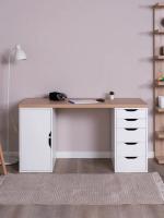 Стол письменный Ингар, с дверцей и 5 ящиками, 140x75x55, белый, столешница дуб беленый, ширина 140 см с полками за дверцей, две тумбы, учебный, компьютерный