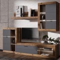 Модульная гостиная "ПРАГА", комплект 5, Дуб Делано / Графит, ширина 218.6 см, стенка с полками, тумба для TV