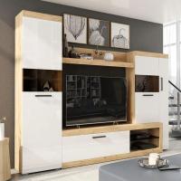 Cтенка в гостиную "Бастон" Дуб вотан / Белый глянец, под телевизор со шкафом витриной, напольная, горка в гостиную, в зал, тв зона, ширина 280 см, с стеклом