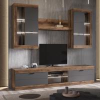 Тумба ТВ большая "ПРАГА", Дуб Делано / Графит, ширина 252.2 см, высота 46 см, для гостиной, зала или спальни, напольная, с полками