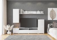 Гостиная Лира, цвет Белый/Белый глянец ширина 213 см ЛДСП с напольным и настенным шкафчиками с полкой и тумбой под ТВ