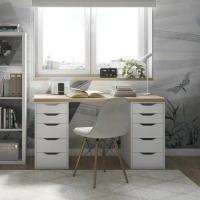 Стол письменный Ингар, 10 ящиков, 140х75х55 см, белый, столешница дуб беленый, с тумбами для хранения книг, тетрадей, учебный, для ноутбука в детскую или офис, ширина 140 см