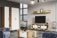 Крафт модульная гостиная вариант 6 цвет Крафт Золотой и Белый ширина 145 см ЛДСП с тумбой под ТВ, со шкафом, с журнальным столом и настенной полкой