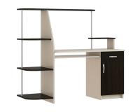 Стол компьютерный цвет Дуб девон и Дуб венге ширина 157 см ЛДСП секция с тремя открытым полками, полка наверху, распашной шкафчик с выдвижной полкой