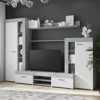 Гостиная Дельта, цвет Бетон / Белый, ширина 264.8 см, с полками, с тумбой под ТВ, шкаф