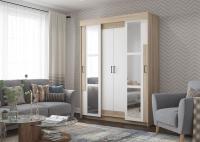 Шкаф "Victor" цвет Сонома и Белый ширина 160 см ЛДСП с полками и штангой для спальни, гостиной, прихожей с зеркалом