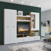 Гостиная Ненси 1, цвет Крафт золотой/Белый глянец, ширина 280 см стенка для тв зоны, со шкафом и полками, под телевизор